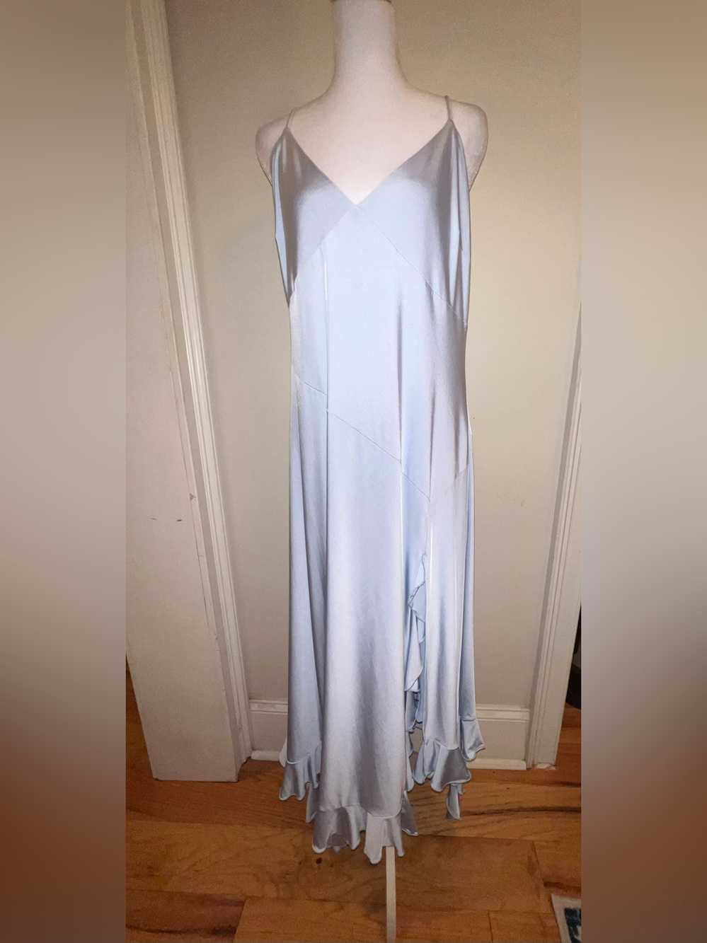 DKNY Ruffled-Hem Satin Midi Slip Dress. NWT.
Size: 14. Asking: $89.